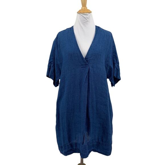 Faherty Dress Womens Small Blue Sanibel Basketweave V Neck Short Sleeve Linen - Picture 1 of 10